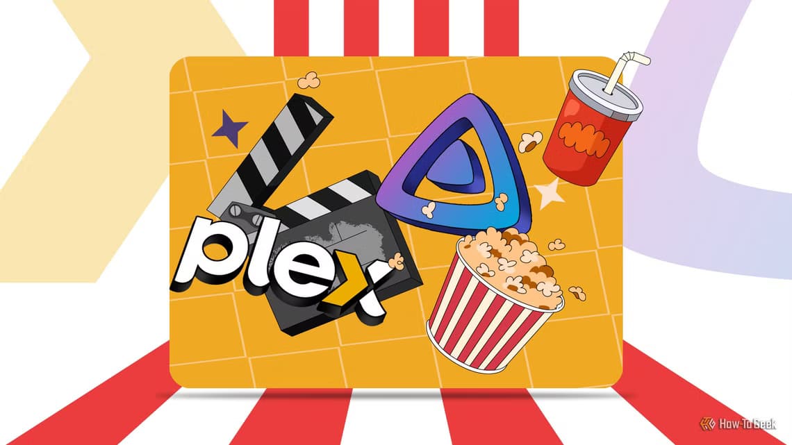 illustration-of-a-clapperboard-a-popcorn-bucket-and-a-drink-cup-along-with-the-plex-and-jellyfin-logos لماذا يعتبر الجمع بين Plex وJellyfin الحل الأمثل لعشاق الوسائط المنزلية