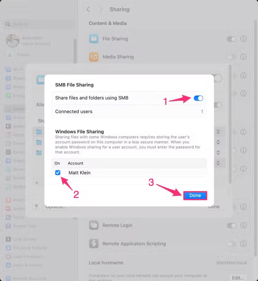 in-the-file-sharing-options-ensure-smb-file-sharing-is-on-and-you-enable-your-windows-file-sharing-account-1-1 نقل الملفات بين أجهزة Mac وAndroid بسهولة ودون تعقيد