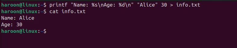 inserting-and-viewing-the-file-content-of-newly-created-file-using-the-printf-and-cat-command كيفية إنشاء ملفات بسهولة من خلال محطة طرفية Linux