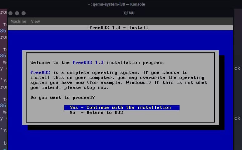 installing-freedos-in-a-qemu-instance تشغيل أنظمة تشغيل متعددة باستخدام QEMU بسهولة