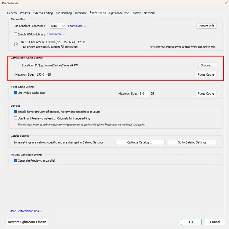 lightroom-cameraraw-cache-size طرق فعالة لتحسين أداء Lightroom Classic على جهاز الكمبيوتر