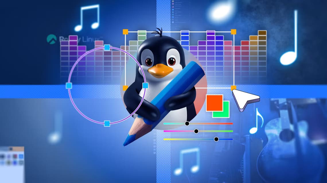 linux-mascot-holding-a-blue-pencil-colorful-equalizer-bars-in-the-background-and-glowing-musical-notes-sliders-and-geometric-shapes-around توزيعات Linux المثالية للمبدعين والمصممين والمطورين