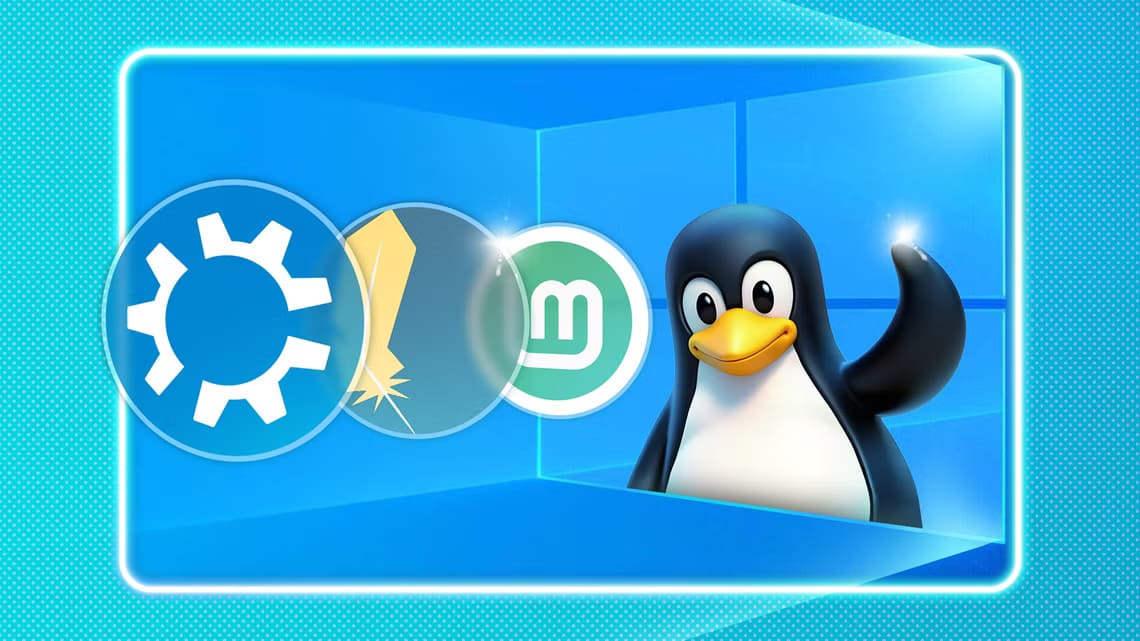 linux-mascot-wa-ving-inside-the-windows-10-logo-with-the-logos-of-some-linux-distributions-in-front إيجابيات وسلبيات تثبيت Linux على جهاز افتراضي