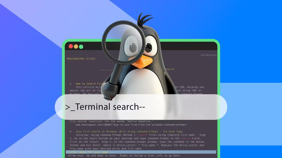 linux-terminal-a-search-bar-in-the-center-and-tux-holding-a-magnifying-glass كيفية البحث على الويب مباشرة من محطة طرفية Linux باستخدام أدوات بسيطة