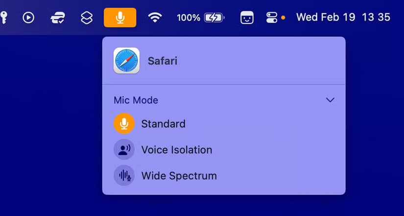 macos-microphone-modes-menu-in-the-menu-bar أفضل الطرق لتقليل صدى الصوت وإزالة الضوضاء أثناء استخدام الميكروفون على أجهزة Mac