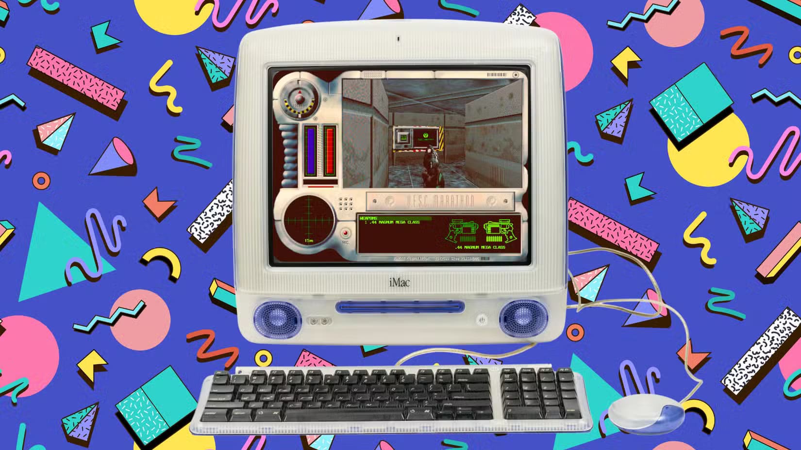 marathon-on-an-imac-g3-with-a-90s-style-background-pattern كيف كادت Bungie أن تحول أجهزة Mac إلى منصة رائدة في عالم الألعاب