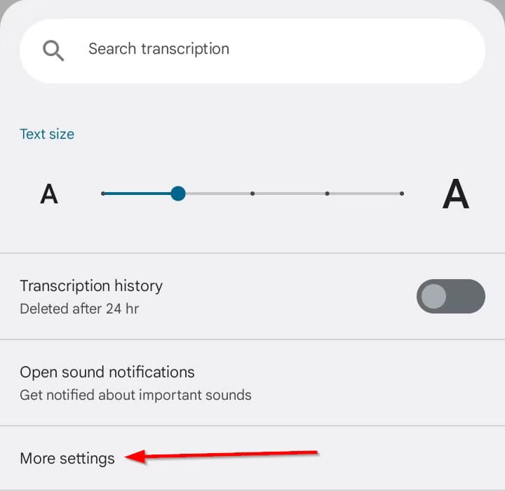 more-settings-option-in-live-transcribe-1 كيف تكتشف الرسائل المباشرة المخفية في هاتف Samsung Galaxy دون برامج