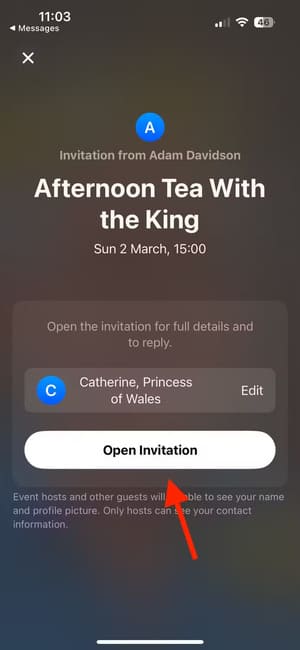 open-invitation-button-in-invites-app-on-iphone إدارة الأحداث بسهولة باستخدام أدوات دعوات Apple الفعّالة