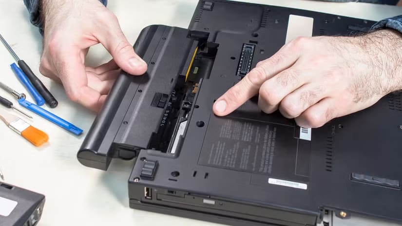 person-checking-and-removing-the-battery-from-a-laptop أسباب انتفاخ بطاريات الأجهزة الإلكترونية وطرق الوقاية منها