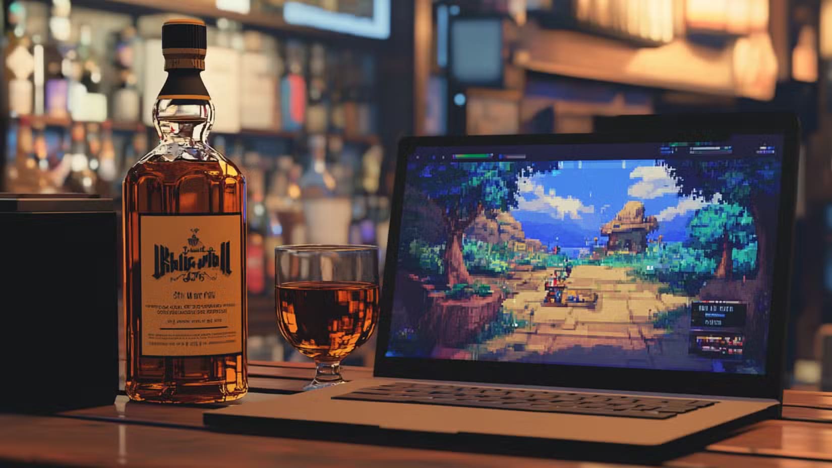 pixel-art-of-a-macbook-standing-next-to-a-bottle-of-whiskey-on-a-table-the-mac-has-a-video-game-on-its-screen كيفية تشغيل ألعاب Xbox وPlayStation على جهاز Mac بخطوات بسيطة وفعالة