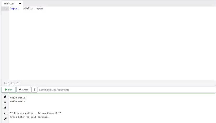 printing-hello-world-in-the-console-using-by-importing-the-spam-attritbute-from-the-__phello__-module-in-python اكتشف 5 ميزات مخفية في Python تجعل تعلم البرمجة أكثر إمتاعًا