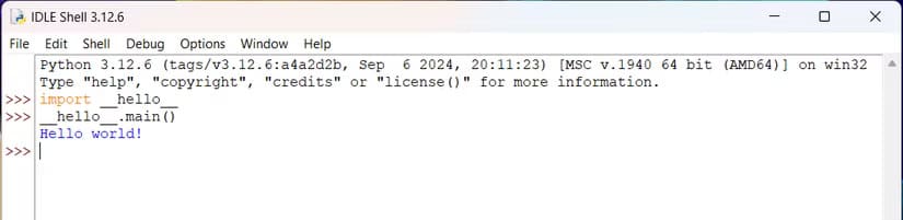 printing-hello-world-in-the-console-using-the-__hello__-module-in-python اكتشف 5 ميزات مخفية في Python تجعل تعلم البرمجة أكثر إمتاعًا