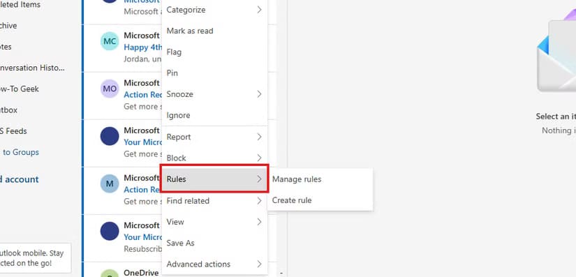 right-clicking-an-email-in-outlook-and-finding-the-rules-submenu إعداد قواعد تنظيم البريد الإلكتروني في الإصدار الجديد من Outlook بخطوات بسيطة