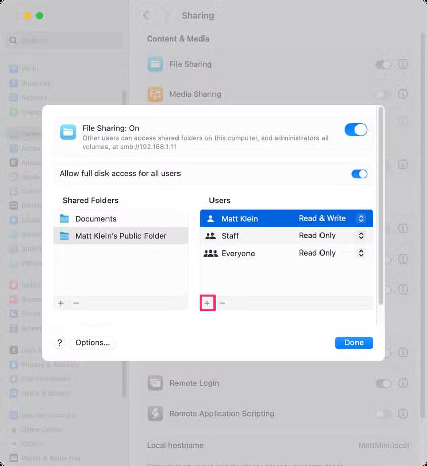 select-the-at-the-bottom-of-the-users-pane-to-add-a-new-file-sharing-user-1 أسهل الطرق لنقل الملفات بين أجهزة Mac وWindows دون تعقيدات