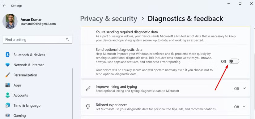 send-optional-diagnostic-data-toggle-in-the-settings-app إعدادات أساسية يجب ضبطها فور تثبيت Windows 11 لتحسين الأداء والأمان