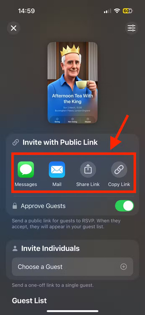 share-options-for-public-link-in-invites-app-on-iphone إدارة الأحداث بسهولة باستخدام أدوات دعوات Apple الفعّالة