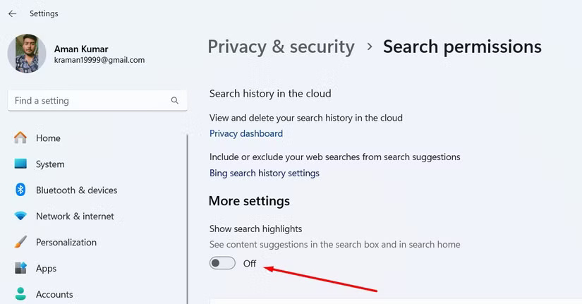 show-search-highlights-toggle-in-the-settings-app إعدادات أساسية يجب ضبطها فور تثبيت Windows 11 لتحسين الأداء والأمان