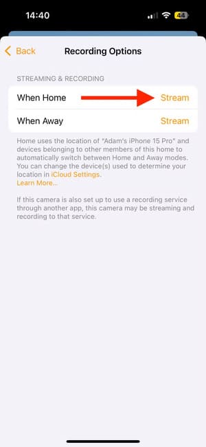 stream-button-for-when-home-in-home-app-on-iphone كيفية تفعيل فيديو HomeKit الآمن لكاميرات المنزل الذكي وأهميته في 2025