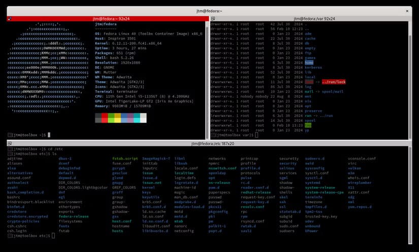 terminator-terminal-showing-multiplex-panes أهم الأسباب وراء تنوع محاكيات الطرفية في نظام Linux