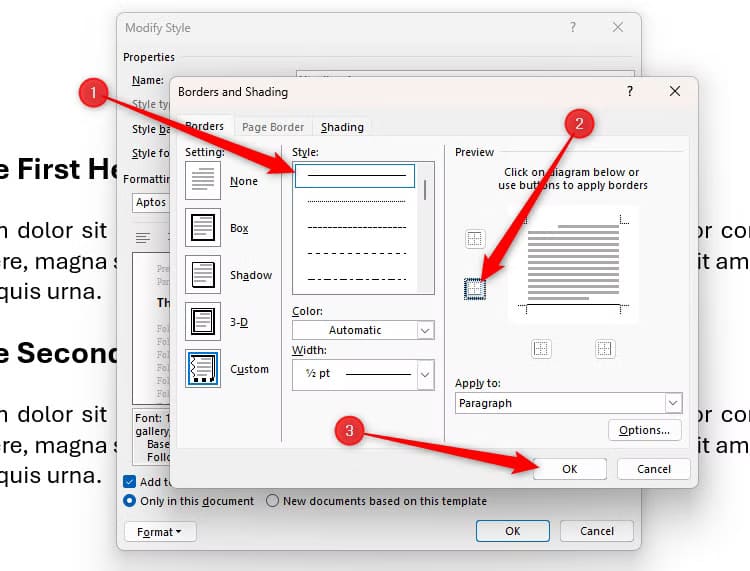 the-borders-and-shading-dialog-box-in-microsoft-word-with-the-border-style-selected-the-bottom-border-activated-and-the-ok-button-highlighted طريقة سريعة لإضافة خطوط أفقية في Word دون الحاجة إلى الرسم اليدوي