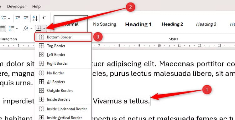 the-bottom-border-option-in-the-borders-drop-down-menu-in-microsoft-word طريقة سريعة لإضافة خطوط أفقية في Word دون الحاجة إلى الرسم اليدوي