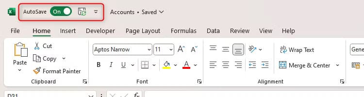 the-excel-quick-access-toolbar-displaying-the-default-save-and-autosave-buttons نصائح Excel السريعة لزيادة إنتاجيتك وتوفير الوقت في العمل