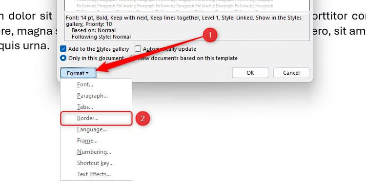 the-format-drop-down-menu-in-word-s-modify-style-dialog-box-is-expanded-and-the-border-option-is-selected طريقة سريعة لإضافة خطوط أفقية في Word دون الحاجة إلى الرسم اليدوي