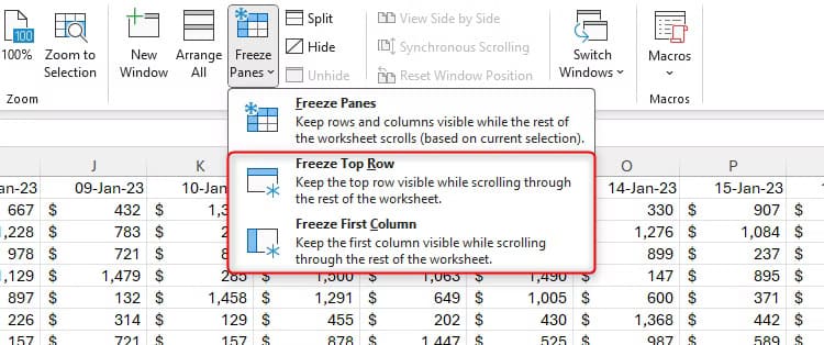 the-freeze-top-row-and-freeze-first-column-options-are-selected-in-microsoft-excel نصائح Excel السريعة لزيادة إنتاجيتك وتوفير الوقت في العمل