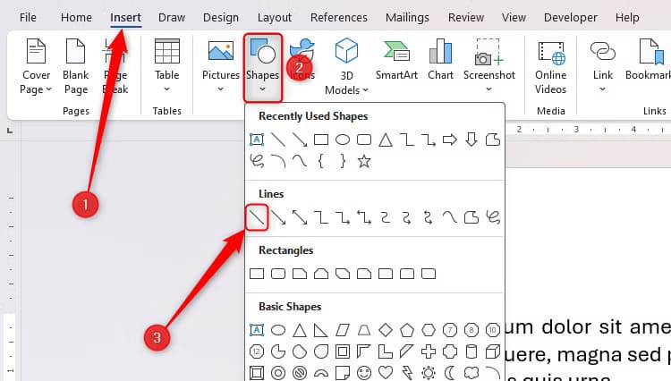 the-line-option-in-the-shapes-drop-down-menu-in-microsoft-word-s-insert-tab طريقة سريعة لإضافة خطوط أفقية في Word دون الحاجة إلى الرسم اليدوي