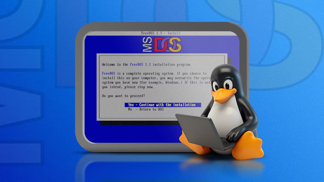 the-linux-mascot-using-a-laptop-with-a-freedos-screen-in-the-background تشغيل برامج MS-DOS القديمة على أجهزة Linux بسهولة: دليل عملي