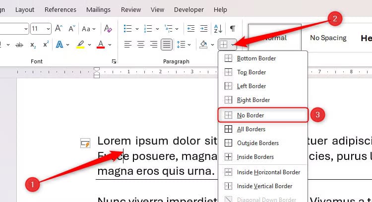 the-no-border-option-in-the-borders-drop-down-menu-in-microsoft-word طريقة سريعة لإضافة خطوط أفقية في Word دون الحاجة إلى الرسم اليدوي