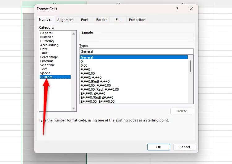 the-number-tab-of-the-format-cells-dialog-box-with-custom-selected-in-the-left-hand-menu حلول بسيطة لإيقاف تحويل Excel تلقائيًا للكسور إلى تواريخ أو أرقام