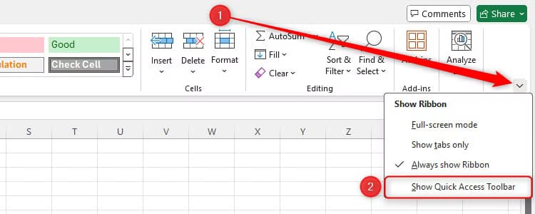 the-option-to-show-the-quick-access-toolbar-in-excel-is-selected-via-the-down-arrow-positioned-on-the-right-of-the-excel-ribbon نصائح Excel السريعة لزيادة إنتاجيتك وتوفير الوقت في العمل