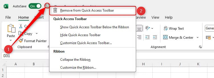 the-remove-from-quick-access-toolbar-button-for-the-save-icon-is-selected-in-excel نصائح Excel السريعة لزيادة إنتاجيتك وتوفير الوقت في العمل