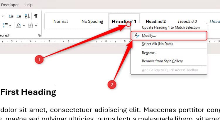 the-right-click-menu-on-heading-1-in-word-s-style-gallery-is-activated-and-modify-is-selected-in-this-menu طريقة سريعة لإضافة خطوط أفقية في Word دون الحاجة إلى الرسم اليدوي