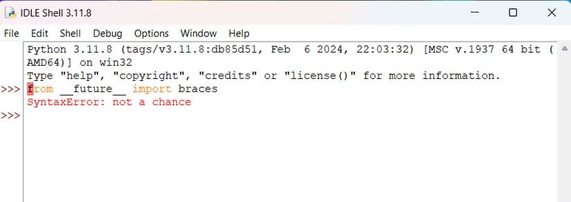 trying-to-import-braces-from-the-__future__module-giving-a-syntax-error اكتشف 5 ميزات مخفية في Python تجعل تعلم البرمجة أكثر إمتاعًا