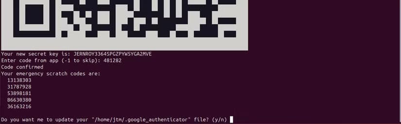 ubuntu-terminal-google-authenticator-backup-codes خطوات بسيطة لتأمين نظام أوبونتو باستخدام المصادقة الثنائية