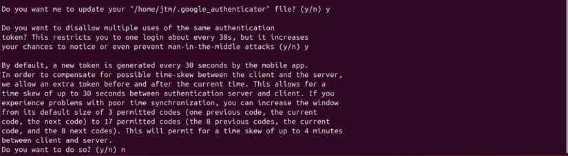 ubuntu-terminal-google-authenticator-config-questions خطوات بسيطة لتأمين نظام أوبونتو باستخدام المصادقة الثنائية