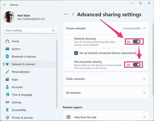 under-private-networks-select-network-discovery-and-file-and-printer-sharing أسهل الطرق لنقل الملفات بين أجهزة Mac وWindows دون تعقيدات