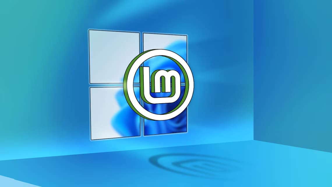 windows-logo-with-the-windows-11-wallpaper-in-the-background-and-the-linux-mint-logo-in-the-foreground لماذا يفضل المستخدمون Linux Mint على Windows 11