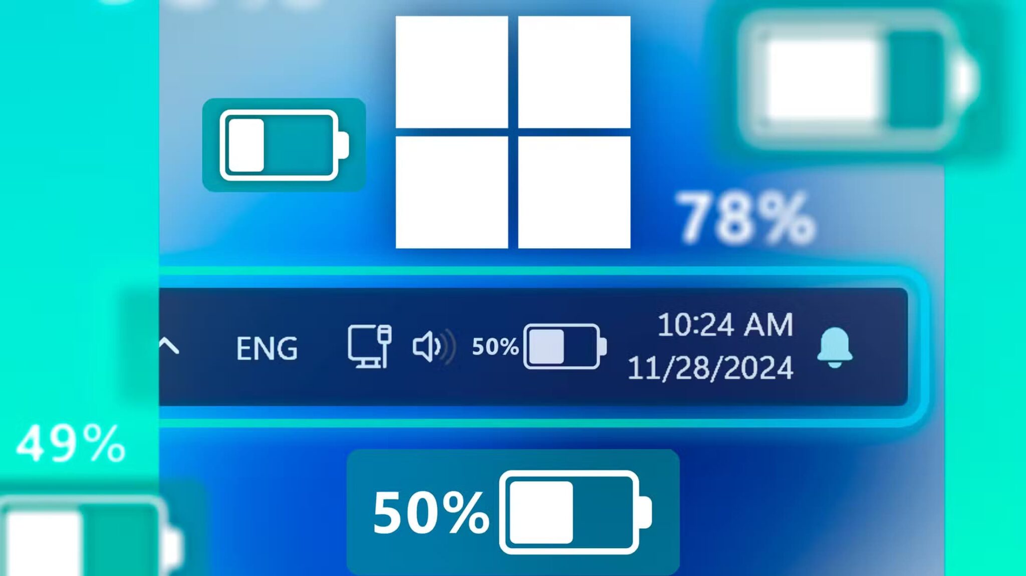 windows-taskbar-with-the-battery-icon-and-percentage-next-to-it-the-windows-logo-and-several-battery-icons-around-scaled كيف تكتشف التطبيقات التي تستهلك طاقة البطارية على Windows 11 وتتعامل معها