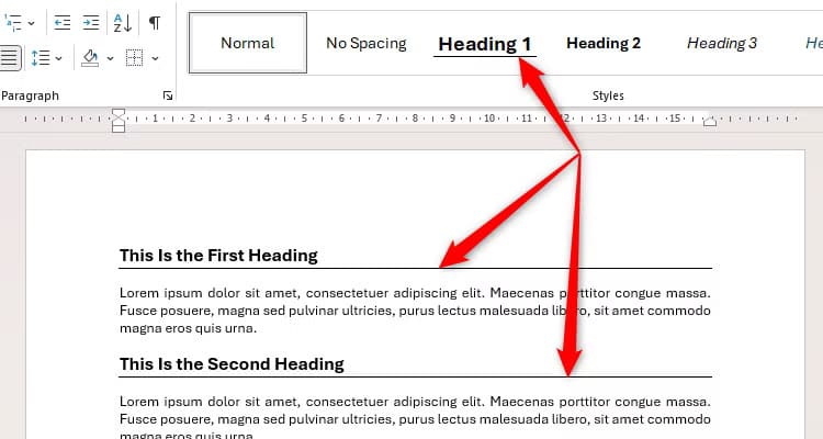 word-s-style-gallery-and-canvas-showing-a-bottom-border-applied-to-the-heading-1-style طريقة سريعة لإضافة خطوط أفقية في Word دون الحاجة إلى الرسم اليدوي