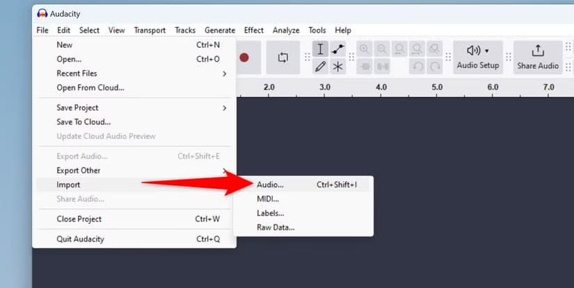 1-audacity-import-audio طريقة سهلة لدمج ملفات الصوت على نظام Windows 11 باستخدام أدوات مجانية