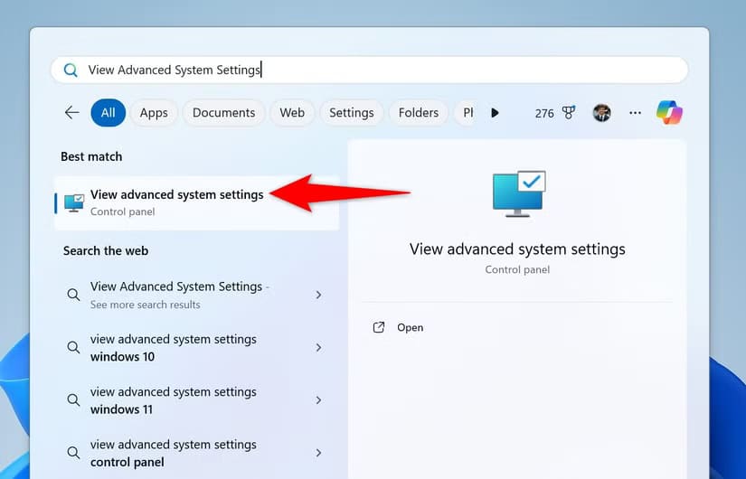 1-view-advanced-system-settings 10 طرق فعّالة لتسريع Windows 11 على الأجهزة القديمة