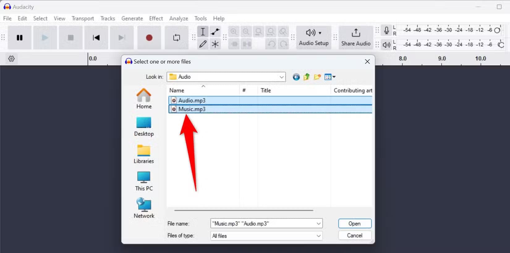 2-audacity-choose-files طريقة سهلة لدمج ملفات الصوت على نظام Windows 11 باستخدام أدوات مجانية