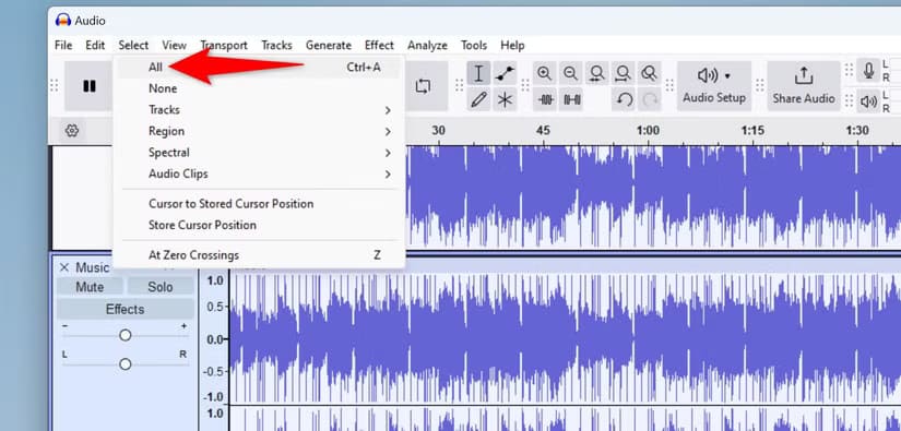 3-audacity-select-all طريقة سهلة لدمج ملفات الصوت على نظام Windows 11 باستخدام أدوات مجانية