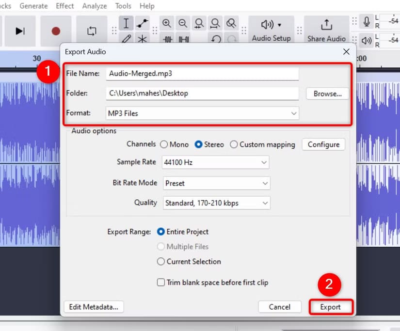 8-audacity-export-track طريقة سهلة لدمج ملفات الصوت على نظام Windows 11 باستخدام أدوات مجانية