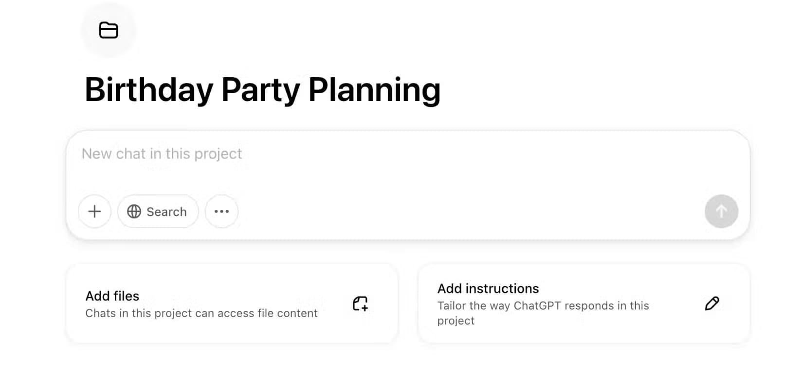 a-birthday-party-planning-project-in-chatgpt-on-web-showing-the-add-files-and-add-instructions-options ميزات ChatGPT المتاحة فقط على منصات محددة وكيفية الاستفادة منها