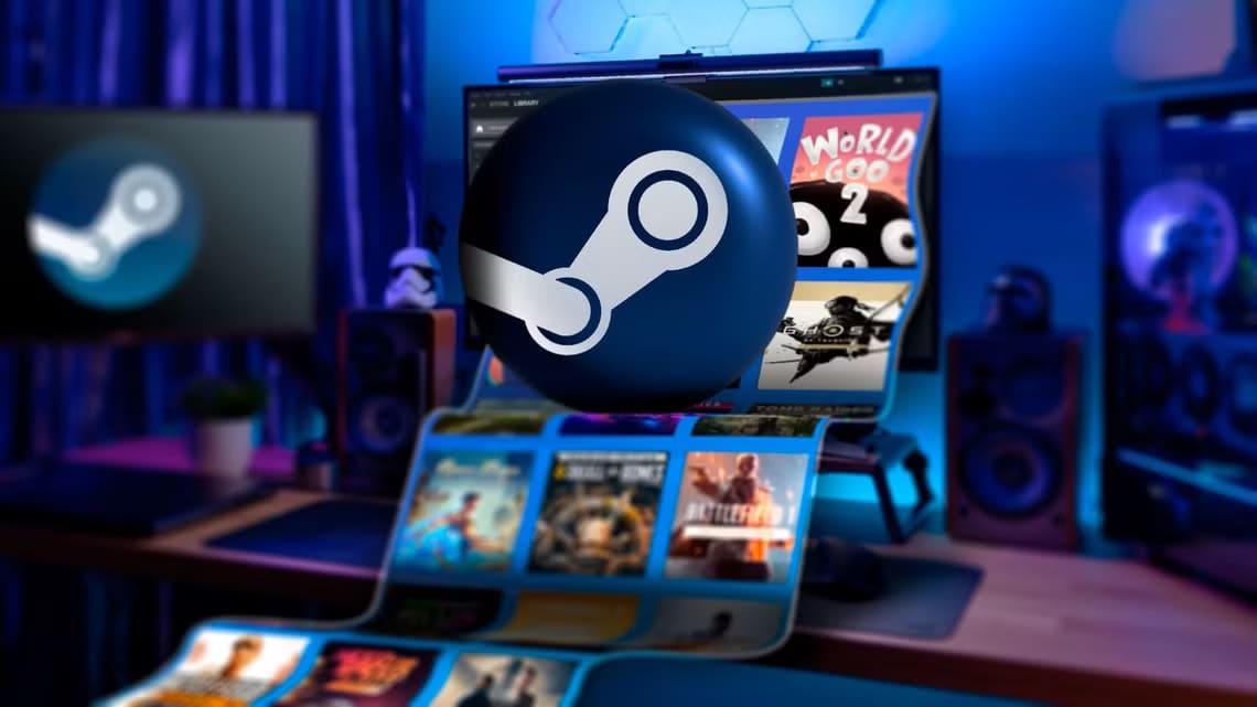 a-gaming-pc-with-several-steam-games-coming-out-of-the-screen-and-the-steam-logo-in-the-center-1 أفضل ألعاب الكمبيوتر التي تستحق التجربة إذا كنت تفضل الألعاب بدلًا من وحدات التحكم