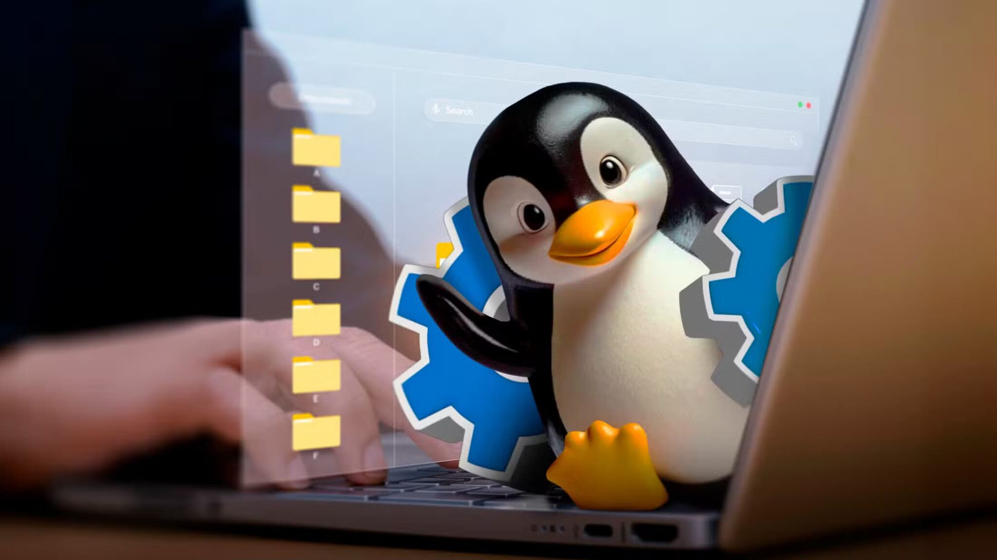 a-hand-using-a-laptop-and-linux-mascot-coming-out-of-the-screen-with-a-gear-and-some-files-behind-scaled ما هو بت التنفيذ في أنظمة Linux ولماذا هو مهم؟